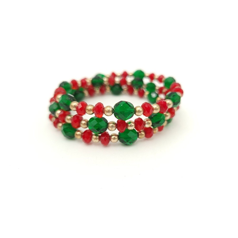 Vintage Red & Green Glass Bead Coil Bracelet Holiday Jewelry Gold Tone Beads‎